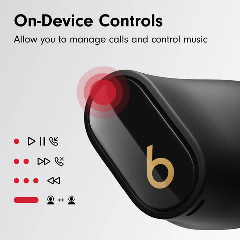 Close-up of Studio Buds Plus True Wireless Earbuds With Active Noise Canceling And Transparency Mode on-device controls, Black Gold