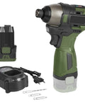 Badass Heavy Duty Cordless Brushless Electric Drill Delivering 140Nm Torque with battery, charger, and bits in army green.
