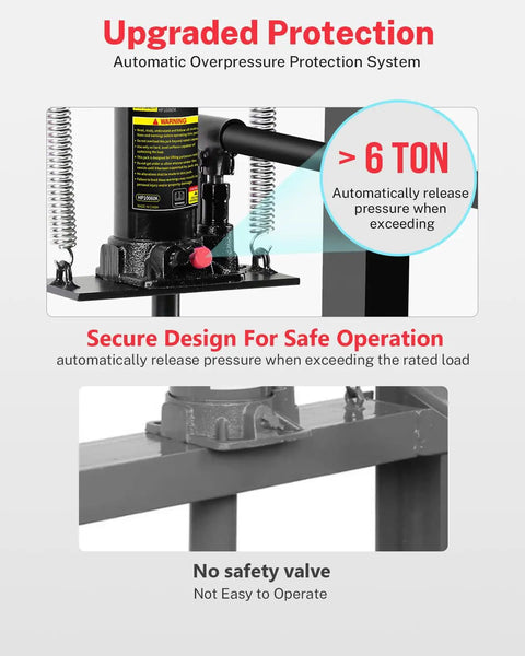 6 Ton Hydraulic Shop Press With Adjustable Worktable And Stamping Plates, highlighted safety features and overpressure protection system