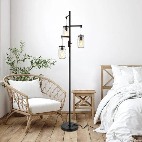 Industrial Floor Lamp With Mason Jar Shade 64 Inch Tall Black Standing Lamp 3 Light Vintage Tree Design Farmhouse Modern Rustic Lighting