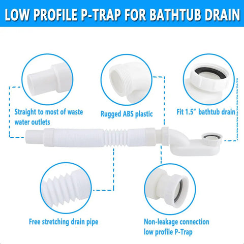 Low Profile One And A Half Inch P Trap Tub Drain Kit with flexible pipe components and connections for bathtub installation