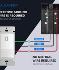 Diagram showing Single Pole Motion Sensor Light Switch with 120 Degree PIR Coverage, Grounding Required, No Neutral Wire, and wire connections.