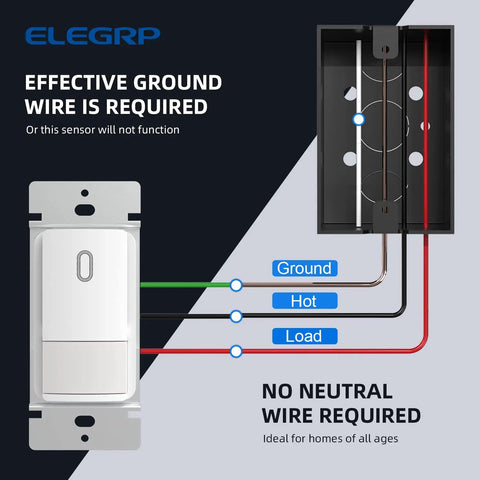 Diagram of Motion Sensor Light Switch With No Neutral Wire installation, showing ground, hot, and load wiring requirements.