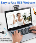 Hella Sharp 1080P Hd Webcam With Built In Mic And Flexible Stand For Pc Laptop Desktop Plug N Play Ready For Zoom Stream And Gaming Smooth Calls showing a woman streaming video on a laptop.