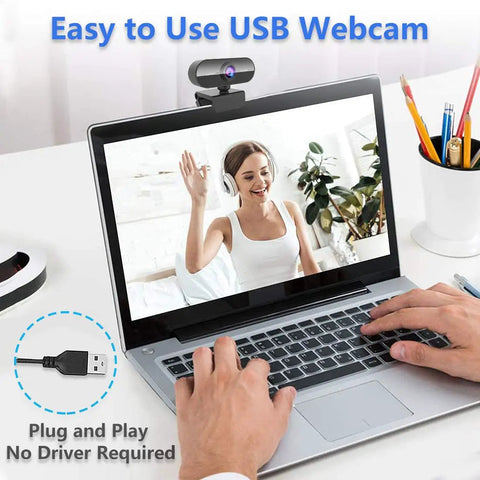 Hella Sharp 1080P Hd Webcam With Built In Mic And Flexible Stand For Pc Laptop Desktop Plug N Play Ready For Zoom Stream And Gaming Smooth Calls showing a woman streaming video on a laptop.