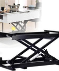 Heavy Duty Electric Scissor Lift Table With Sturdy Painted Steel Frame Hydraulic Platform Rises Smoothly Adjustable Height Workstation, shown in black.