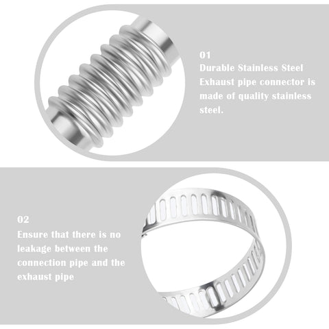 Durable Stainless Steel Exhaust Connector Kit with Elbow and Straight Pipe, flexible exhaust flex pipe showing clamps.