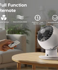 Dead Quiet Air Circulator Fan With Remote And Five Speed Controls For No Sweat Whole Room Cooling In Crisp White Finish featuring remote.
