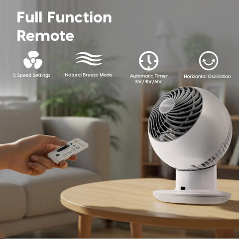 Dead Quiet Air Circulator Fan With Remote And Five Speed Controls For No Sweat Whole Room Cooling In Crisp White Finish featuring remote.