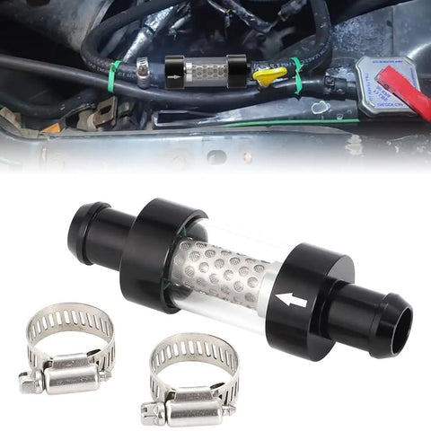 Three Quarter Inch Universal Inline Heater Core Coolant Filter And Inspection System With Stainless Steel Mesh Matching Fixture For Auto Maintenance And Engine Protection shown installed in vehicle.