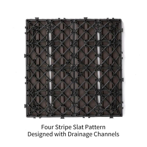 Backside view of 22 Pieces Wood Plastic Composite Patio Deck Tiles Interlocking 12x12 Inches Water Resistant For Indoor Outdoor Use Weatherproof Mocha DIY Friendly Outdoor Flooring To Refresh Patios And Decks Covers 22 Square Feet, showing drainage channels.