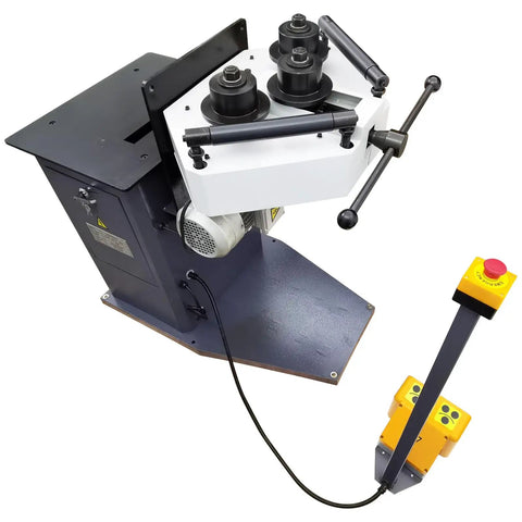 Heavy Duty Electric Ring Roll Bender, Top Shelf Metal Rolling Machine With Beefy 1100W 220V Motor, showing adjustable rollers and control foot pedal.