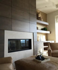 Modern living room featuring sleek wood paneling, cozy fireplace, and stylish decor with Hella Durable Reactive Water Based Voc Free Interior Wood Stain 55 Gallon.