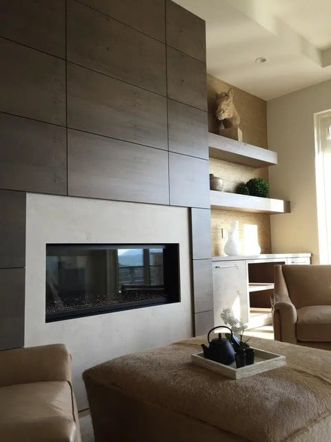 Modern living room featuring sleek wood paneling, cozy fireplace, and stylish decor with Hella Durable Reactive Water Based Voc Free Interior Wood Stain 55 Gallon.