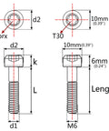 Diagram of Titanium Torx Square Head Bolts M6x60mm Pack Of 5 Gold 6AL4V Grade 5 TC4 Titanium Alloy, showing dimensions.