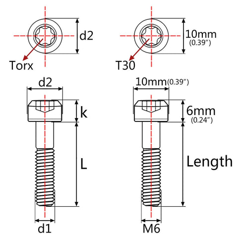 Diagram of Titanium Torx Square Head Bolts M6x60mm Pack Of 5 Gold 6AL4V Grade 5 TC4 Titanium Alloy, showing dimensions.