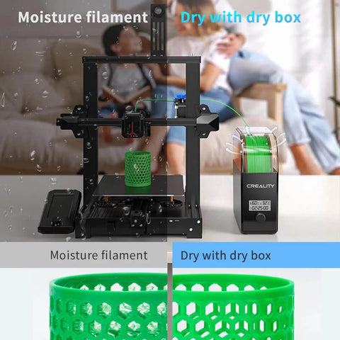Filament Dryer Box 2.0 With Fans For 3D Printing, 1Kg Dehydrator showing effect on PLA filament with moisture comparison for reliable prints.