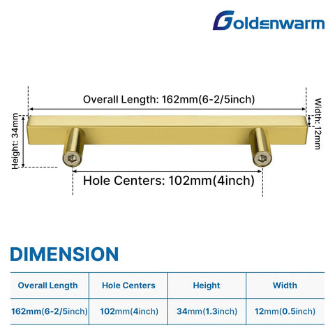 6 Pack Gold Cabinet Handles Brushed Brass 4 Inch Pulls for Drawers with Dimensions Illustrated