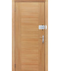 Legit Smart Hidden Deadbolt Electronic Keyless Lock With Remote Control And Smartphone App Access For Totally Invisible Zero Hassle Home Security Game Changer on a wooden door.