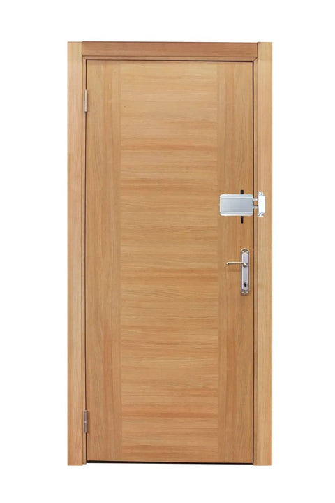 Legit Smart Hidden Deadbolt Electronic Keyless Lock With Remote Control And Smartphone App Access For Totally Invisible Zero Hassle Home Security Game Changer on a wooden door.