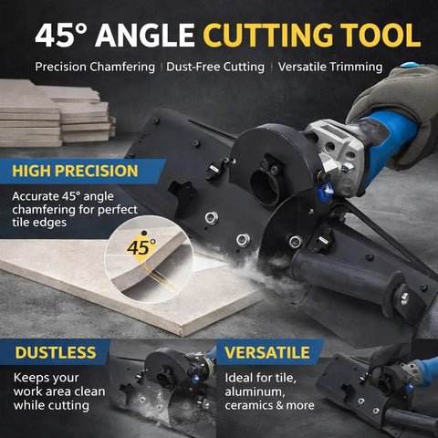 45 degree angle cutting tool for tile chamfering with electric bevel cutter adapter, compatible with standard angle grinders.