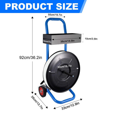 Heavy Duty Strapping Cart Rolling Dispenser Stand For 8 Inch Poly And Steel Coils with measurements and design details.