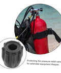 Close-up of scuba tank with red cylinder and replacement valve, showcasing Scuba Tank Valve Replacement For Diving Cylinder Valve Upgrade With Leakproof Seal, Durable Materials Built To Endure Tough Underwater Conditions, Enhanced Performance Gear For Serious Divers And Safe, Leakproof Dive Tank Accessory.