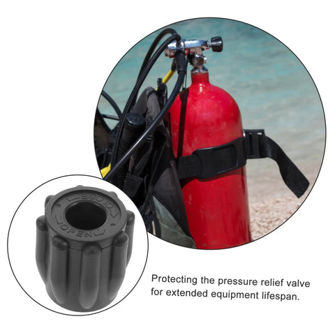 Close-up of scuba tank with red cylinder and replacement valve, showcasing Scuba Tank Valve Replacement For Diving Cylinder Valve Upgrade With Leakproof Seal, Durable Materials Built To Endure Tough Underwater Conditions, Enhanced Performance Gear For Serious Divers And Safe, Leakproof Dive Tank Accessory.
