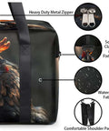 Side view of black rooster design Waterproof Weekender Carry On Duffel For Women Durable Gym Bag with metal zipper and fabric detail.