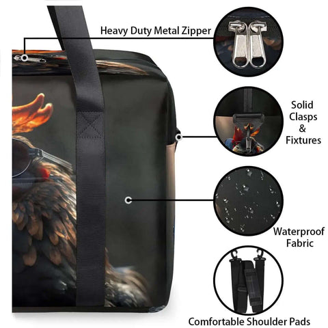 Side view of black rooster design Waterproof Weekender Carry On Duffel For Women Durable Gym Bag with metal zipper and fabric detail.