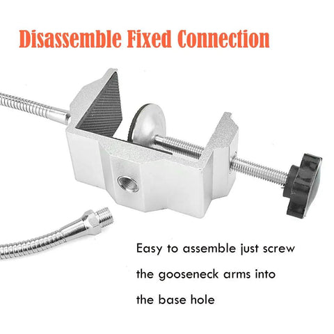 Close-up of Soldering Third Hand Tool With Tabletop Clamp featuring disassembled fixed connection and nickel arms.