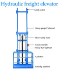 Built Tough Electric Hydraulic Cargo Lift 2200 Pounds Wall Mounted Freight Elevator detailed view with control switch and anti-slip platform.