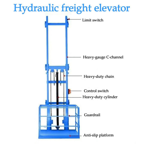 Built Tough Electric Hydraulic Cargo Lift 2200 Pounds Wall Mounted Freight Elevator detailed view with control switch and anti-slip platform.