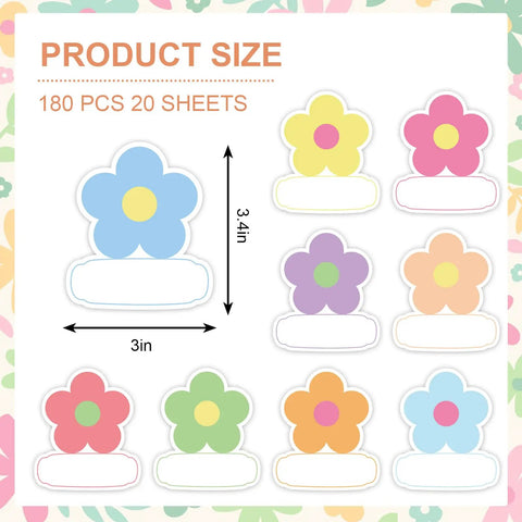 180 Pcs Flower Name Tag Stickers Set For Back To School, pastel floral desk labels, 3.4x3 inch size illustration.