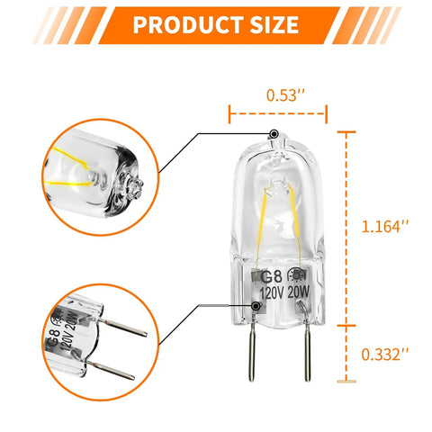 Over The Range Microwave Light Bulbs 20W G8 BiPin Base with dimensions; 1.164in tall, 0.53in wide, features pins for easy install.