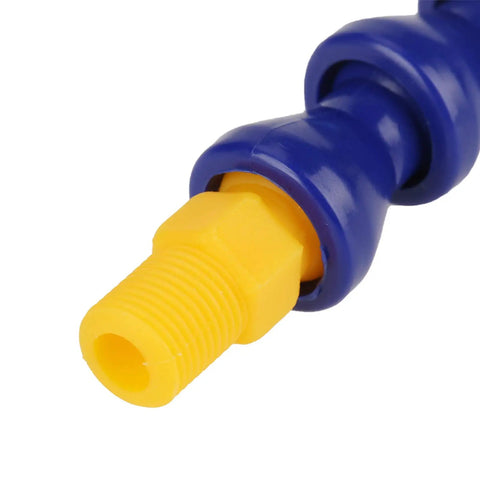 Close-up of a blue and yellow hose connection from Ultra Flexible Plastic Coolant Pipe Kit For CNC Lathes And Mills 10 Adjustable Hoses