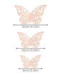 Rose Gold 3D Butterfly Wall Decals Set In Mixed Sizes 12Cm 10Cm And 8Cm With Adhesive Dots Easy Peel And Stick Bedroom Decor For A Lit Vibe Parties Or Weddings showcasing butterfly sizes.