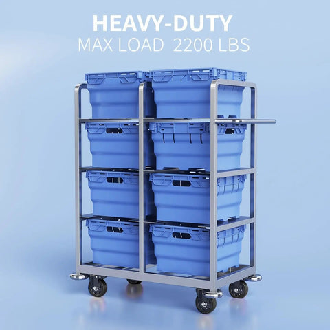 Heavy-duty utility cart with blue storage bins on Built Tough 4 Inch Caster Wheels With Dual Safety Brakes Rust Proof Coated.