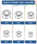 Front view of 304 stainless steel flat washer assortment in sizes 1/2, 3/8, 5/16, 1/4, 10#, 8#; 100 pcs