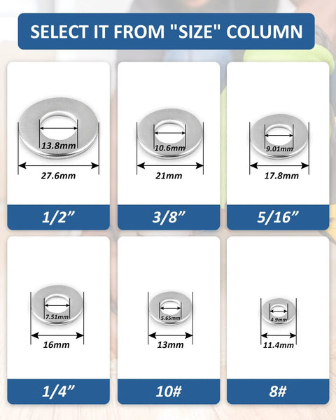 Front view of 304 stainless steel flat washer assortment in sizes 1/2, 3/8, 5/16, 1/4, 10#, 8#; 100 pcs