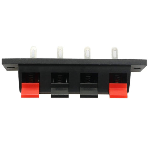 Front view of 5 Pack 4 Pin Stereo Speaker Terminal Block Strip Shape Connector Plate 4 Position 4 Way Amplifier Push Release Test Clip For Easy Hookup