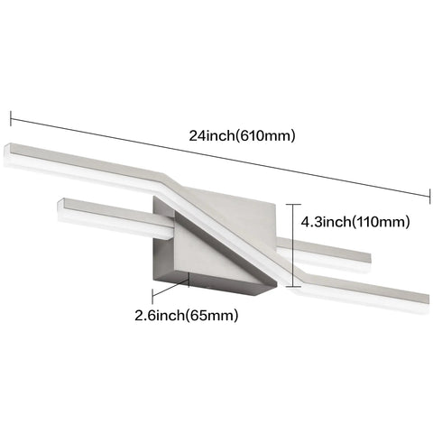 Brushed Nickel Dimmable Vanity Light Fixtures For Bathroom Over Mirror With Four Spotlight Bars, dimensions shown
