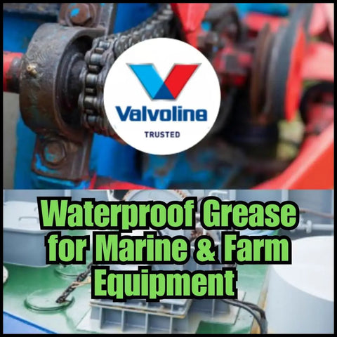 Waterproof grease application on farm equipment with Valvoline logo