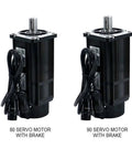 Front view of two black servo motors with brakes (80ST and 90ST) and attached cables