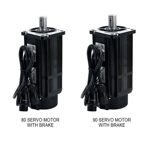 Front view of two black servo motors with brakes (80ST and 90ST) and attached cables