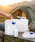 Foldable Water Container With Spigot For Camping And Travel 3 Liter Accordion Water Jug With Handle in use at campsite