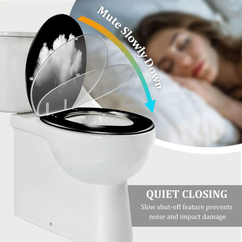 Elongated Toilet Seat Black Resin Bathroom with quiet closing feature and cloud design open lid.