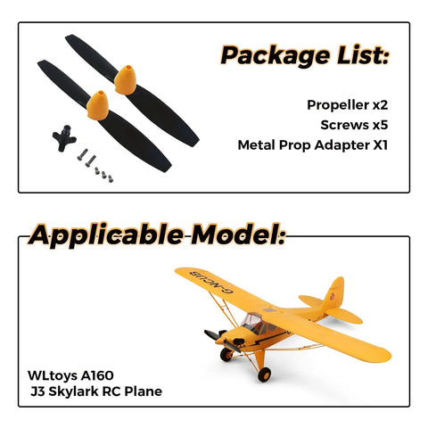 A160 Compatible RC Plane Propeller Set for WLtoys J3 and Large RC Airplanes, includes propellers, screws, metal adapter