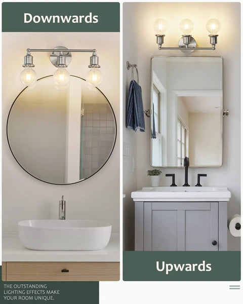 Three Light Vanity Fixture In Brushed Nickel, Modern Farmhouse Wall Sconce For Bathroom Or Over Mirror, E26 Base, Silver Finish, Bulbs Not Included For Bathrooms And Powder Rooms.