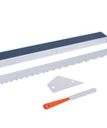 Guitar Luthier Tool Kit with 16 inch fret leveling beam, neck notched straight edge, crowning file, and fret rocker displayed on white background.